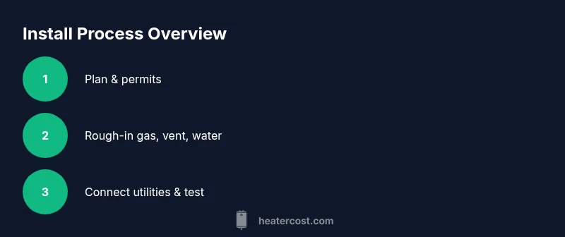 Process diagram showing planning, hookups, and testing for installing a Rinnai tankless water heater