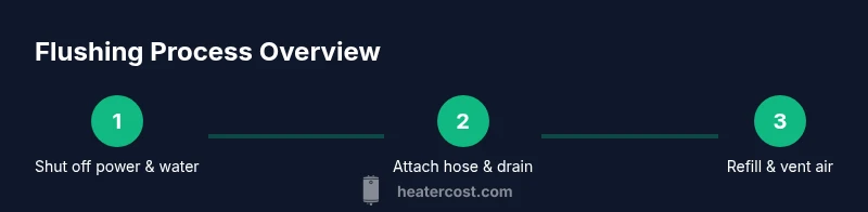 Diagram of a flushed water heater process showing shutoff, hose connection, and refill