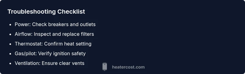 Checklist infographic for troubleshooting a heater not getting hot