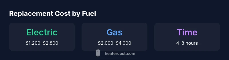 Infographic showing cost ranges for 40-gallon water heater replacement by fuel type and installation time