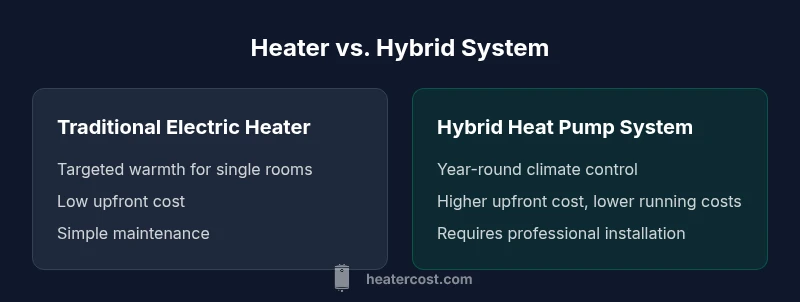 Two-column infographic comparing traditional electric heaters and hybrid heat pump systems